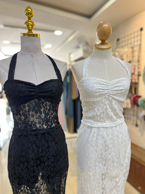 Women Halter Neck Lacey Top With Side Slit Skort